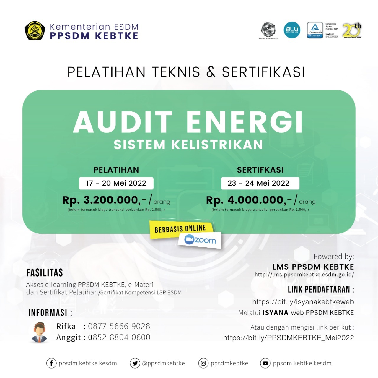Jadwal Pelatihan dan Sertifikasi Auditor Energi 17 - 24 Mei 2022